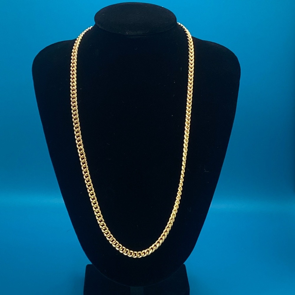 Gold Tone Jewelry Lot Curb Chain Necklace Large Flat Hoop Earrings Enamel Brooch - Picture 2 of 9